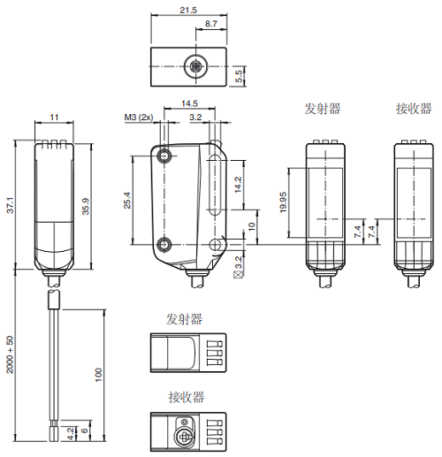 对射型光电传感器OBE20M-R100-S2EP-IO-L外形尺寸