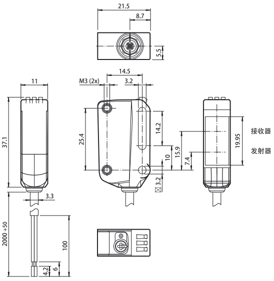 漫反射型光电传感器(BGS)OBT300-R100-2EP-IO-L外形尺寸